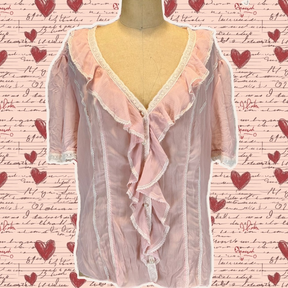 Heart Soul pastel cottage pink romantic ruffle blouse short sleeve prairie XL